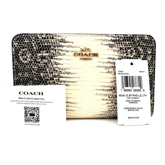Coach Medium Id Zip Wallet in Lizard-embossed Black & White Leather CS591 - Picture 7 of 7